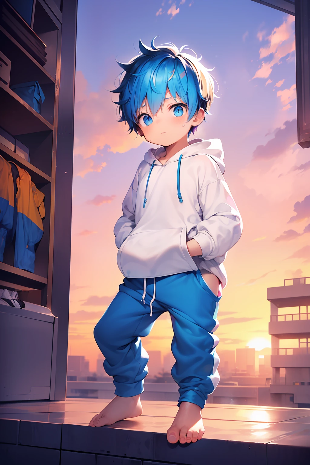 2 Little garçons with bright rainbow colored hair and shiny bright blue eyes and barefoot and petit feet wearing a yellow oversized sweatshirt à capuche and les pantalons de survêtement sitting on a window ledge, rougir, jeune, garçon, enfant, petit, enfant en bas âge, petits pieds, (les pantalons de survêtement:1.4), (jeune:1.4), (enfant:1.4), (Shota:1.4), (sweatshirt à capuche:1.4), (coucher de soleil:1.4)