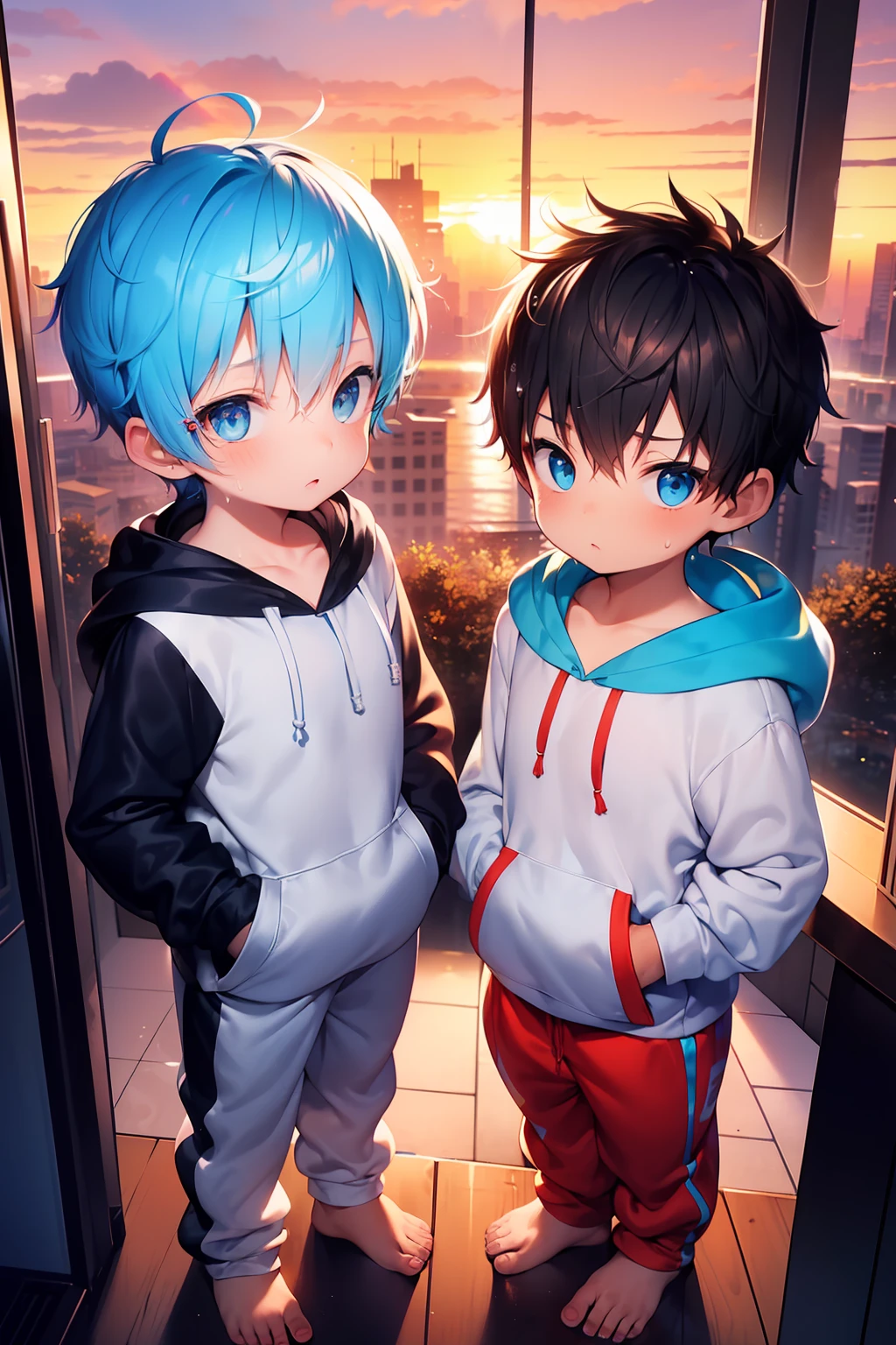 2 Little garçons with bright rainbow colored hair and shiny bright blue eyes and barefoot and petit feet wearing a yellow oversized sweatshirt à capuche and les pantalons de survêtement sitting on a window ledge, rougir, jeune, garçon, enfant, petit, enfant en bas âge, petits pieds, (les pantalons de survêtement:1.4), (jeune:1.4), (enfant:1.4), (Shota:1.4), (sweatshirt à capuche:1.4), (coucher de soleil:1.4)