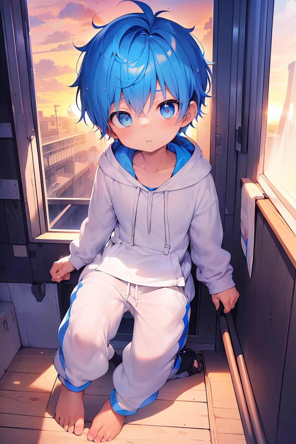 2 Little 男の子s with bright rainbow colored hair and shiny bright blue eyes and barefoot and 小さい feet wearing a yellow oversized パーカー and スウェットパンツ sitting on a window ledge, 赤面, 若い, 男の子, 子供, 小さい, 幼児, 小さな足, (スウェットパンツ:1.4), (若い:1.4), (子供:1.4), (ショタ:1.4), (パーカー:1.4), (日没:1.4)