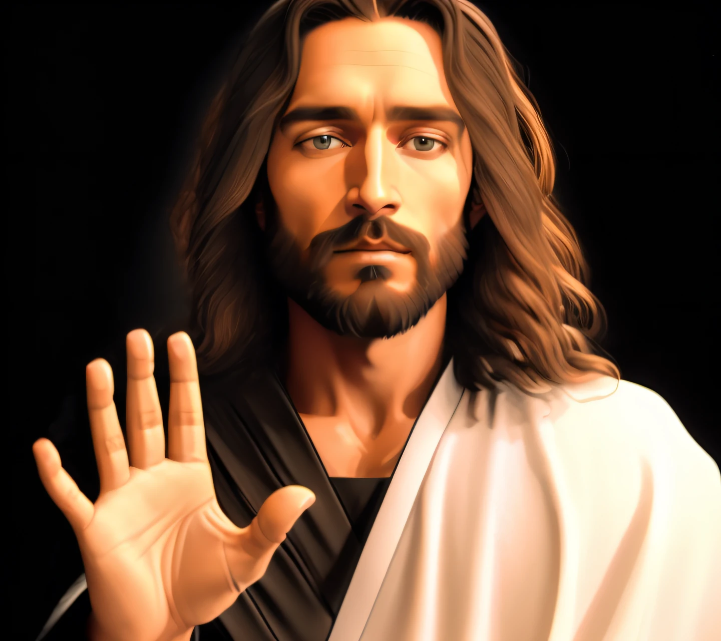 Image of Jesus with hands up in prayer robes with bluish, Jesus Cristo, Jesus, rosto de Jesus, Retrato de Jesus Cristo, Jesus Cristo Fumando um Blunt, he is greeting you warmly, jesus of nazareth, Jesus Gigachade, Jesus Cristo em Mass Effect, with his hands in his hair, ! holding in his hand !, Jesus Negro