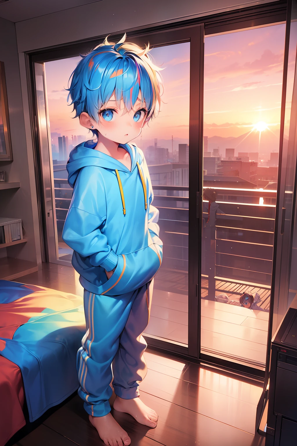 2 Little 男生s with bright rainbow colored hair and shiny bright blue eyes and barefoot and 小的 feet wearing a yellow oversized 連帽衫 and 運動褲 sitting on a window ledge, 臉紅, 年輕的, 男生, 孩子, 小的, 學步的兒童, 小腳, (運動褲:1.4), (年輕的:1.4), (孩子:1.4), (正太:1.4), (連帽衫:1.4), (日落:1.4)