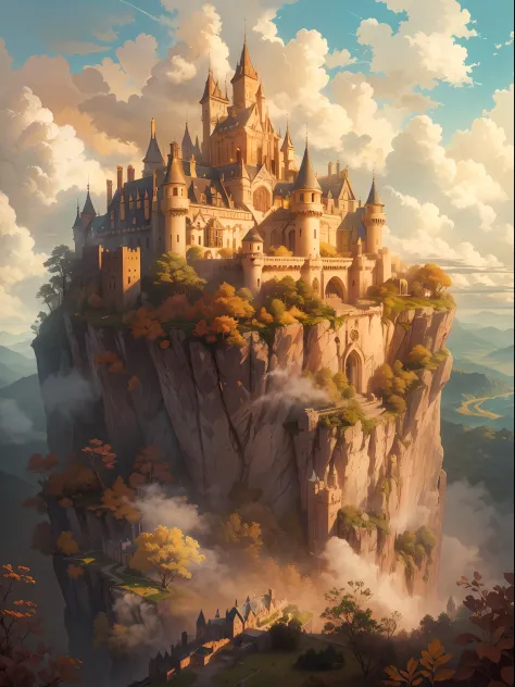 "A majestic and enchanting, Castle in the Sky, overlooking a vast and ethereal landscape. The castle is bathed in golden sunlight, casting beautiful shadows on its ancient walls. The sky above is filled with fluffy clouds and a touch of mystery.+"