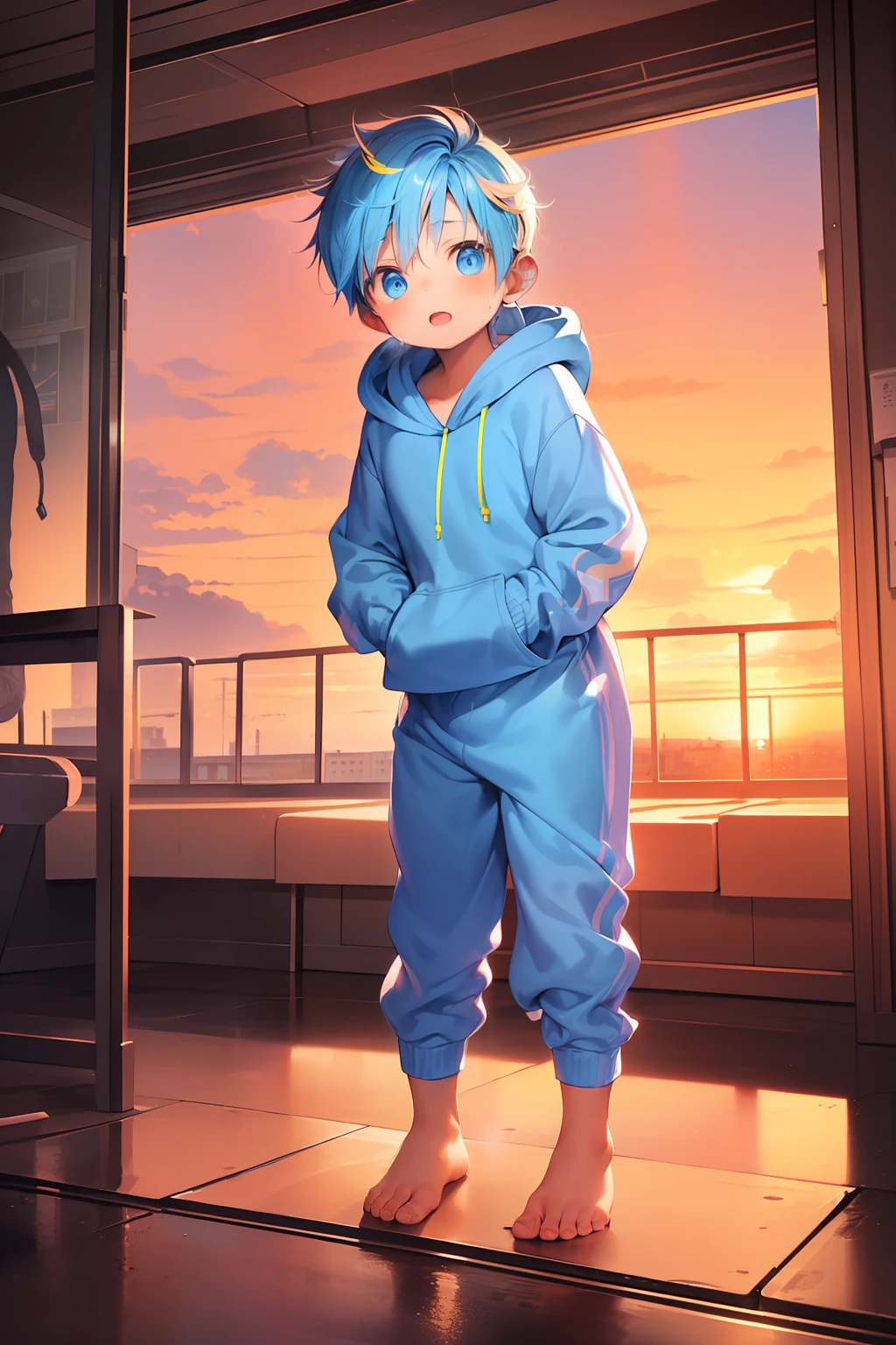 2 Little 男の子s with bright rainbow colored hair and bright blue eyes and barefoot and 小さい feet wearing a yellow oversized パーカー and スウェットパンツ sitting on a window ledge, 赤面, 若い, 男の子, 子供, 小さい, 幼児, 小さな足, (スウェットパンツ:1.4), (若い:1.4), (子供:1.4), (ショタ:1.4), (パーカー:1.4), (日没:1.4)