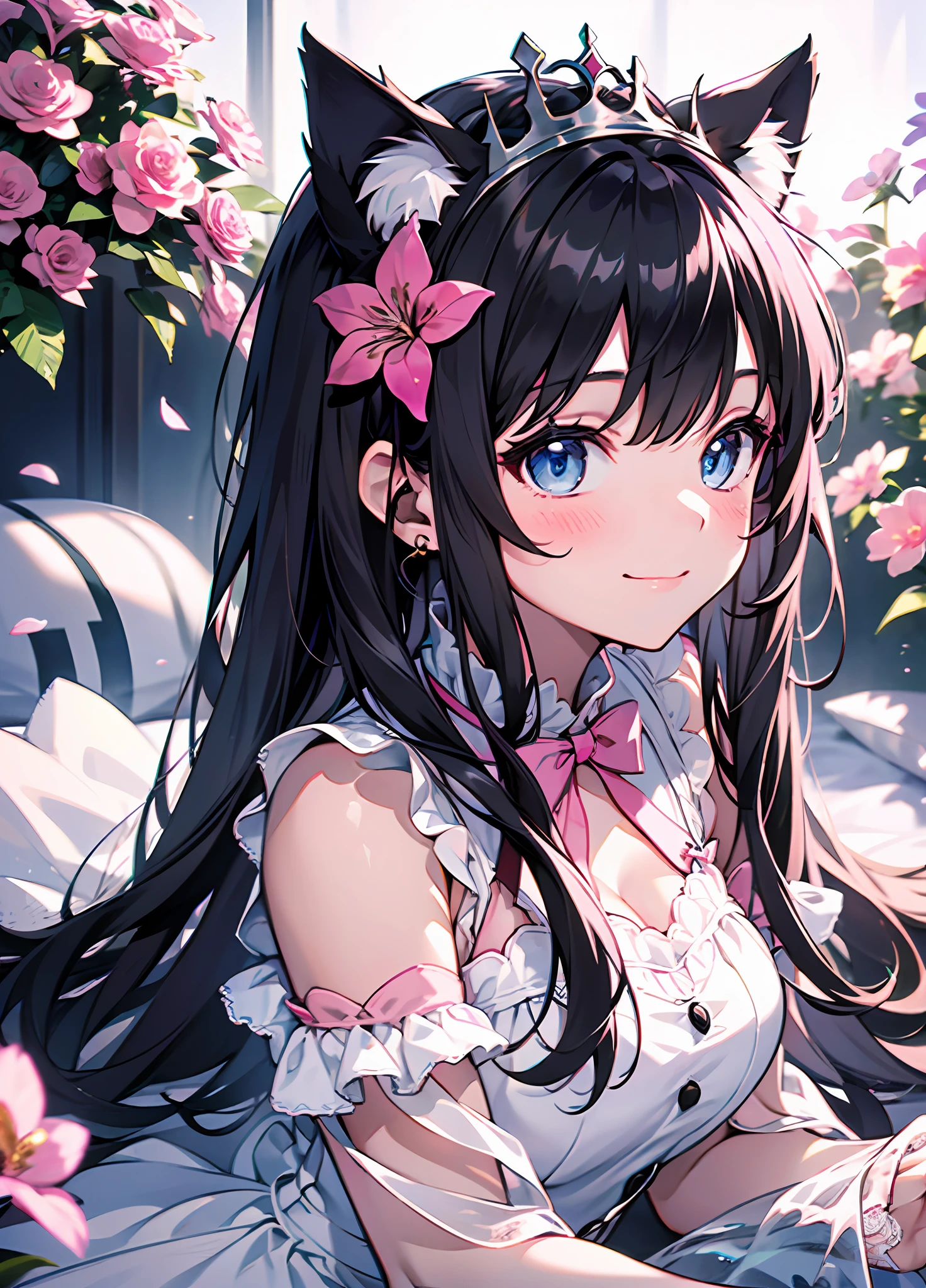 A masterpiece of literary text、best qulity、1girl, solo, animal_ears, deep_blue_eyes, low twintails, smile, tiara, princess dresses, cat_ears, (black_hair:1.5), blush, animal_ear_fluff, (white_pink dress:1.5), princess, looking_at_viewer, long_hair, bangs, upper_body, flower garden, light pink, pastel pink,lace clothes,frill,ribbon, Best Quality, 8K, OriginalPhoto, realisitic, high resolucion, The ultra-detailliert, film lighting, film grain, chromatic aberration,