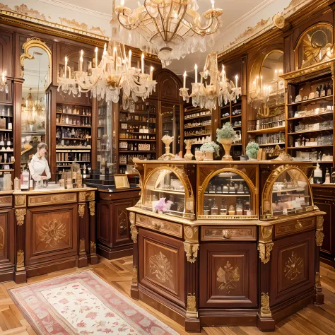 victorian perfumer: wild and amazing place, elegant and elegant perfume shop, convoluted, step-by-step, exquisite, in the style ...