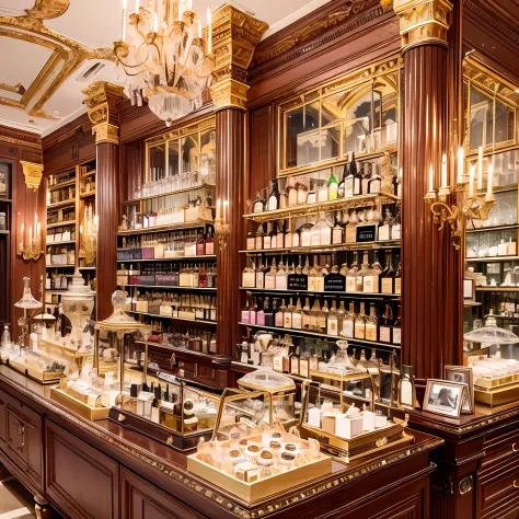 victorian perfumer: wild and amazing place, elegant and elegant perfume shop, convoluted, step-by-step, exquisite, in the style ...