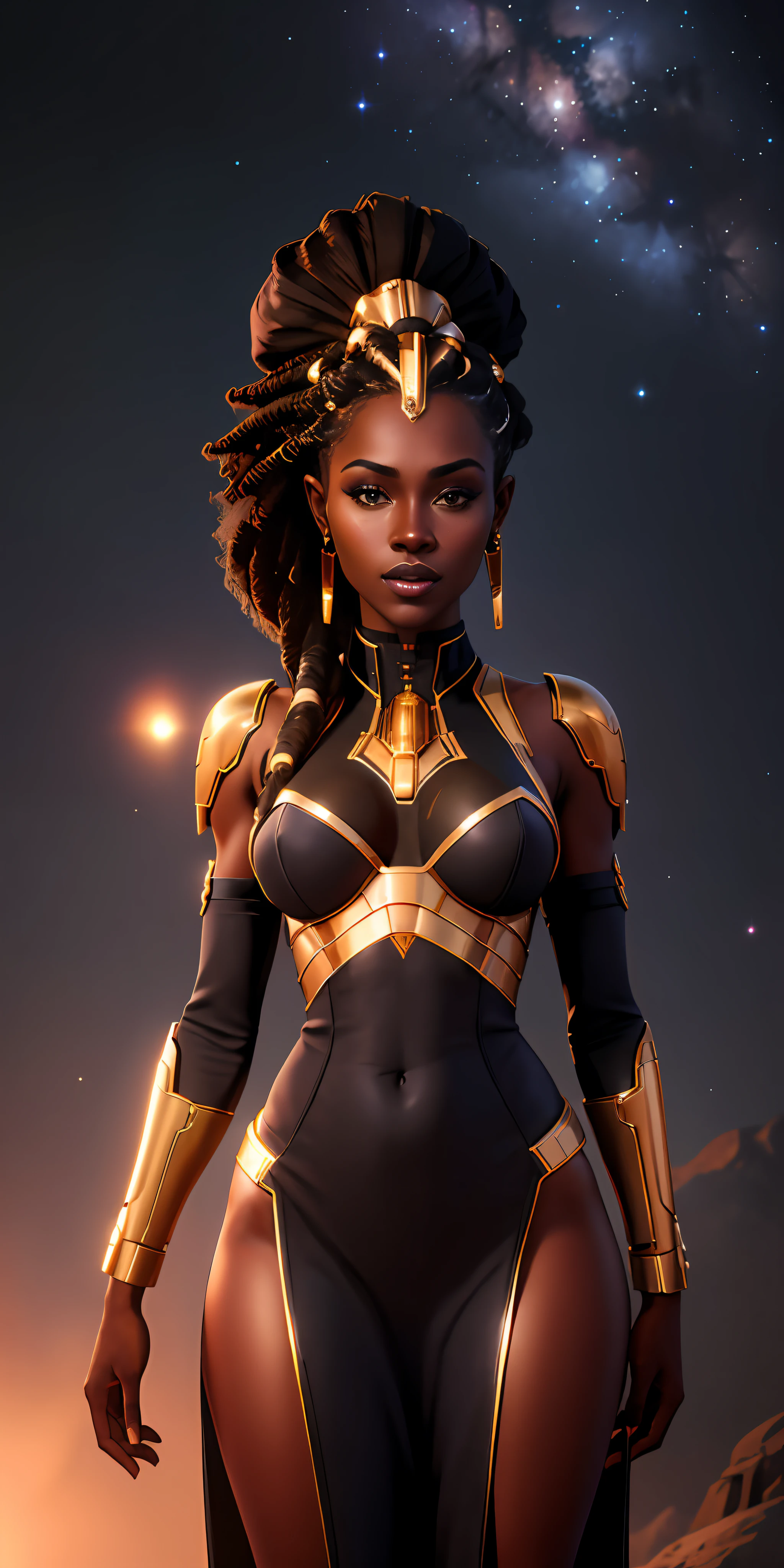 ((realistic image of a beautiful African-American woman, dark skin color)), beautiful smile, ((looking at the night sky, standing natural pose, in front of the Millennium Falcon)), wearing mandallor armor, long mega hair hair, dreadlocks, ((kanekalon)), camera view against plongée, golden ratio, dark background lighting, close-up, detailed facial details, perfect face, sharpness, trend art,  Sharp facial details, ultra high quality, line art, high fantasy, exquisite, 4k, soft lighting 8k, dreamy --iso 100