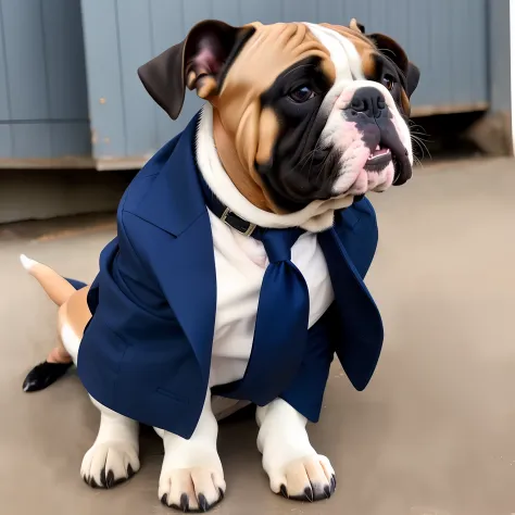 English bulldog with blue suit