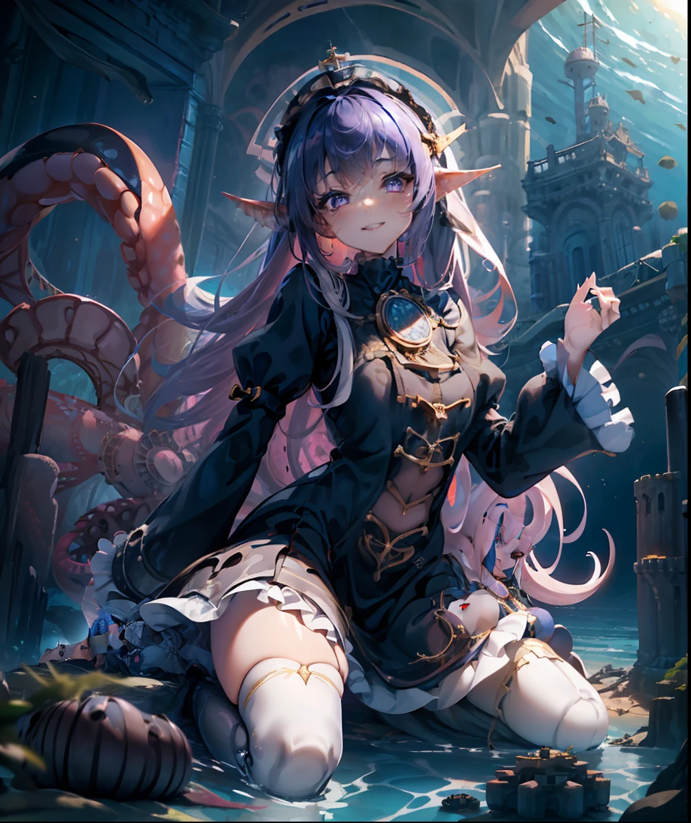 ((giantess girl. Under the deep sea:1.2)). Beautiful girl leans out from behind the church、Look down on us. The church sank to the bottom of the sea. Girl wears a purple Gothic Lolita style dress. She looks younger. Her eyes are big. she is smiling. Wriggling tentacles. Broken church. Girl peeking out from outside the veranda.