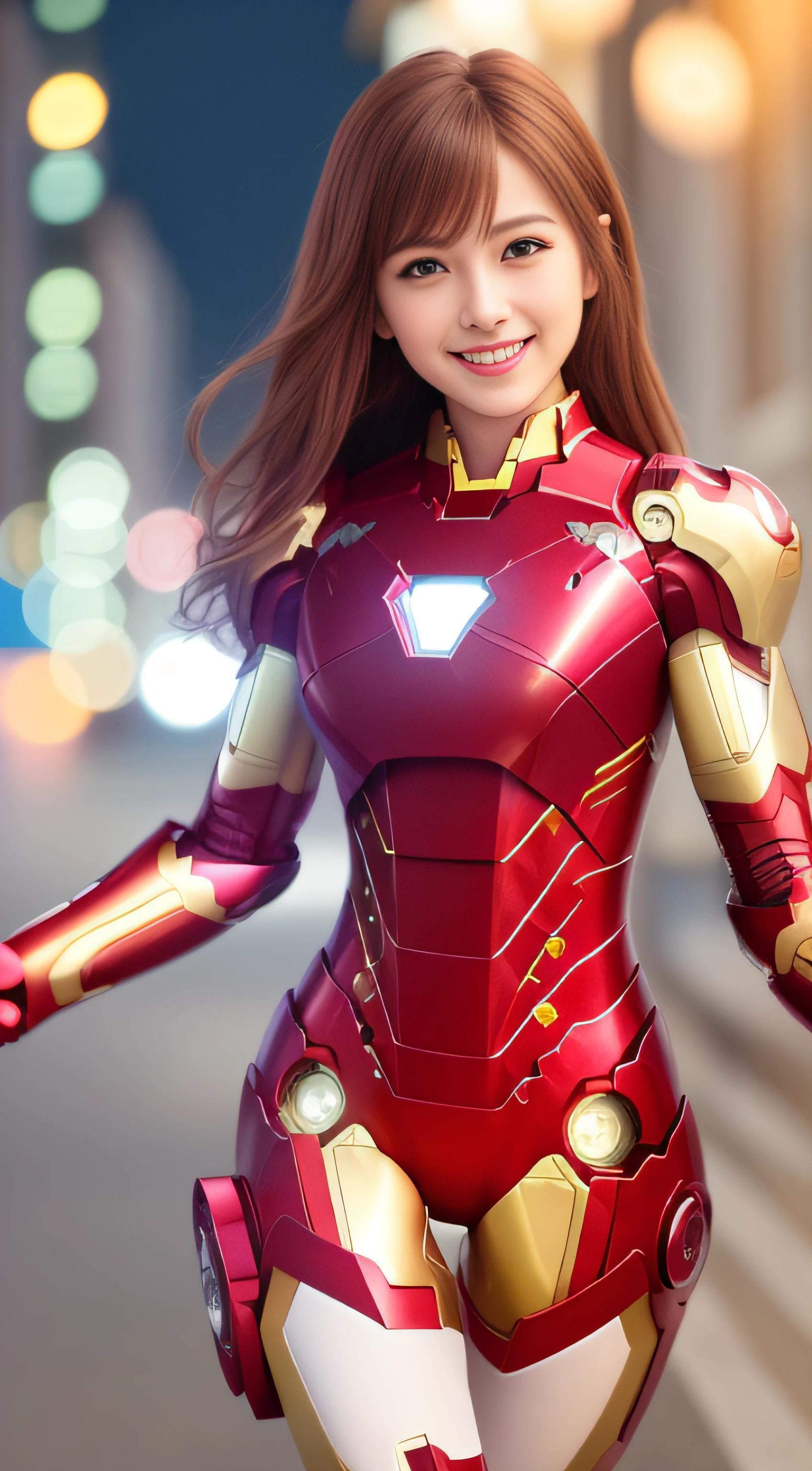 (8K, RAW photo:1.2),Best quality, 超A high resolution, Highly detailed,intricately details,Masterpiece,Ultra-detailed,illustration,A high resolution,Soft light,
1 girl , (highly detailed upper body dressed as iron man),((Show beautiful whole legs and side thighs)) ,Medium breasts, (Light brown hair:1), Detailed face, Cinematic,City, Night, view the viewer, pastel colour, Soft cinematic light, intricately details, Hyper-detailing, Masterpiece, hdr, Sharp focus,  High quality, filmgrain,(Smiling face:1.5)