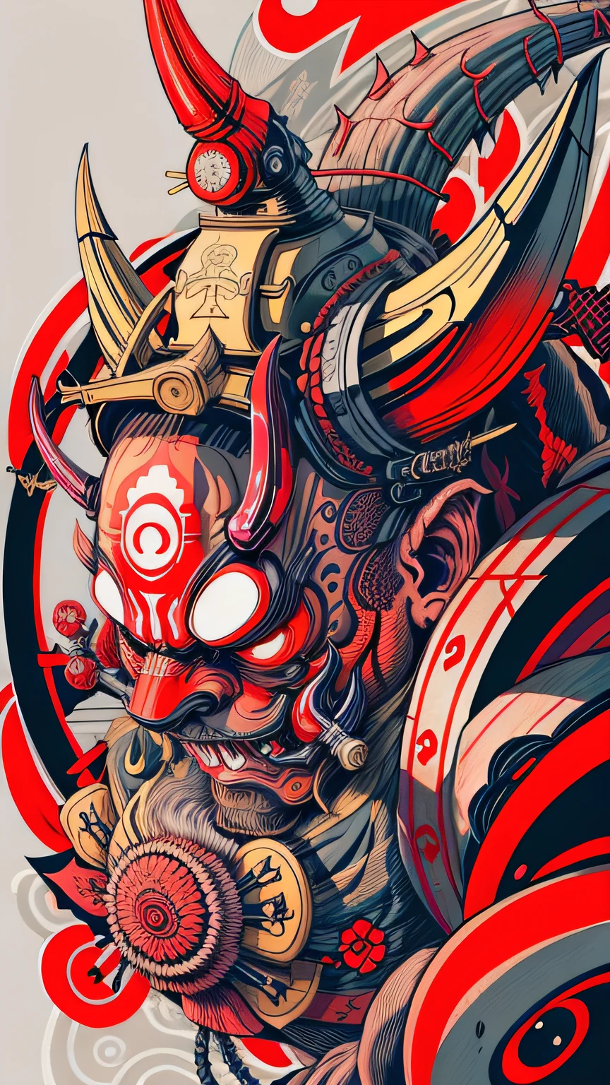 Hannya mask style of 0mib, illustrator, masterpiece, high quality, 8k, high resolution, high detailed, Japanese, samurai