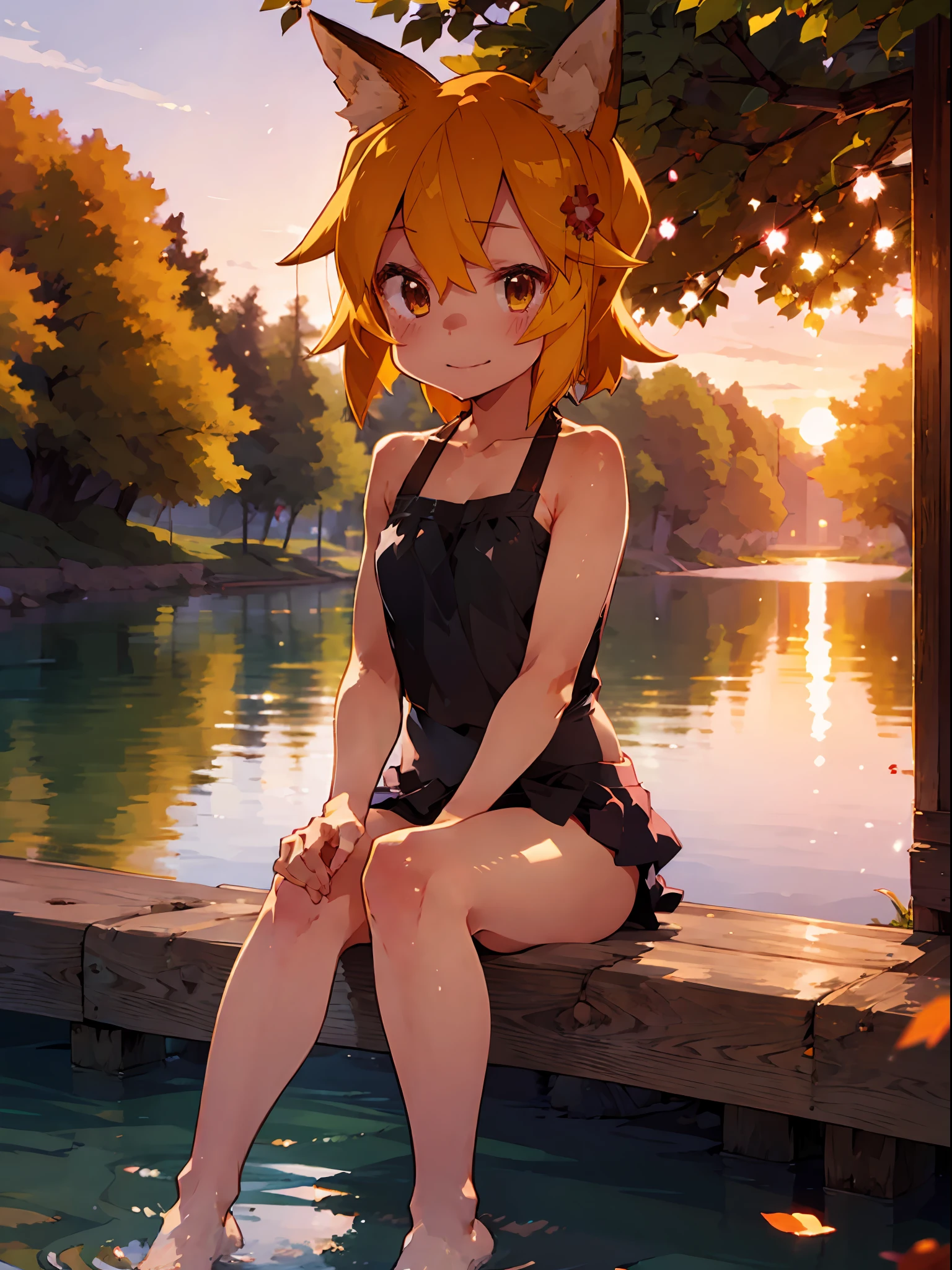 1girl, single girl, solo, (loli:1.5), fox ears, fox tail, miko, little girl, short girl, (flat chest), sitting on a bench, lake on background, sakura trees blossom, sakura leaves, sakura leaves in a water, (wearing kawaii swimsuit 1.6), (two piece swimsuit), feet visible, detailed feet, bare feet, happy realistic face, shy, smiling, beautiful hair, orange hair, wearing cute hair clip, realistic, best quality, 8k, sunset, red sunset, evening, beautiful sky