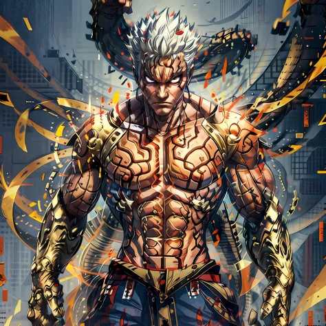 (Full Body, 1boy, solo), Anime, Asura, white hair, short spiky hair, red Aura, destroyed ground, red outlines on the body, perfect hands, close up shot, muscular athletic body, serious face, mantra, highest quality digital art, Stunning art, wallpaper 4k, ...