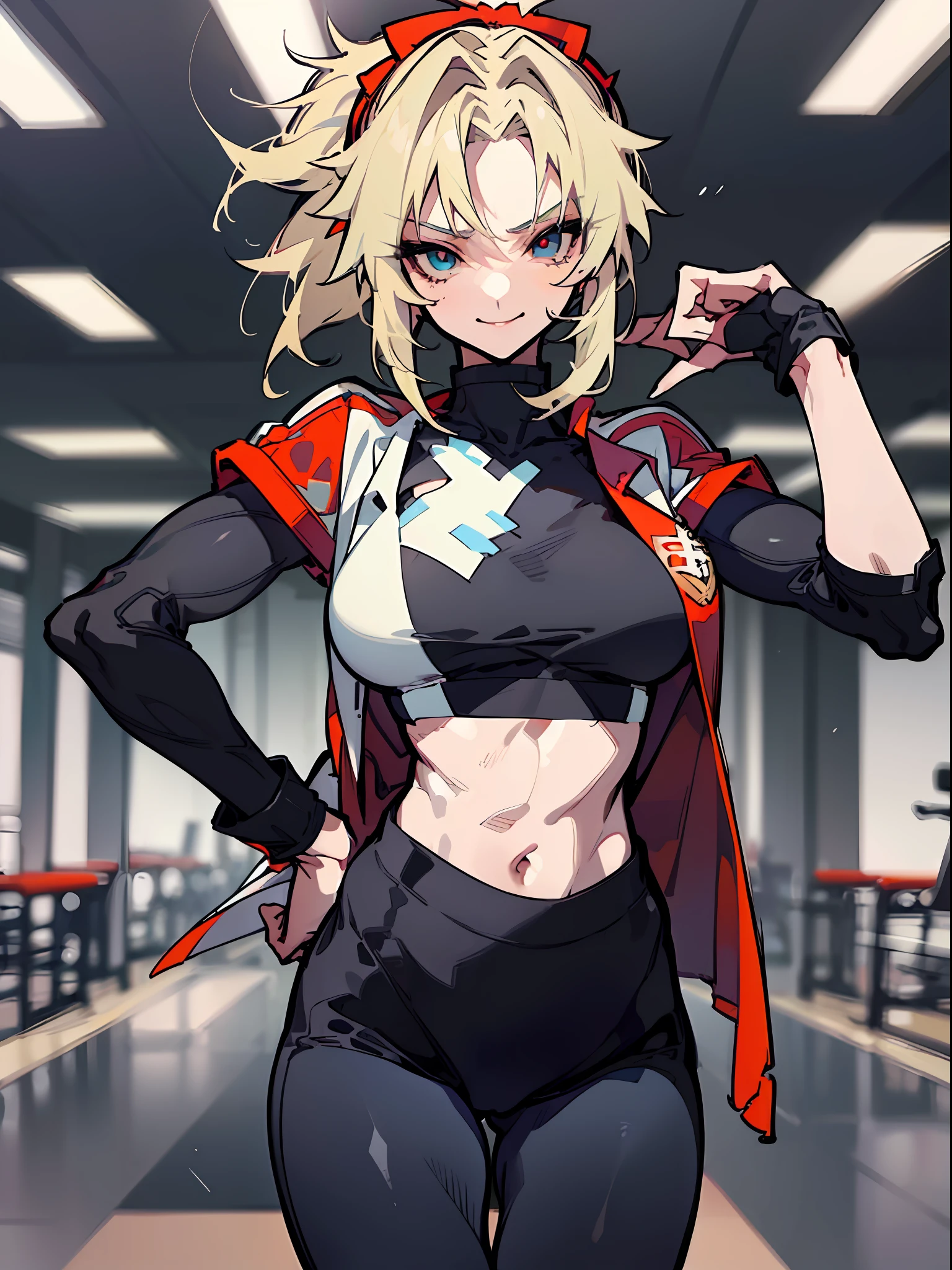 (top-quality、​masterpiece:1.2)、1girl in、Beautiful fece、Beautiful fece、styles、elegent、enticing、A sexy、Beautiful and well-groomed face、beautidful eyes、beautiful hairl、slick skin、Beautiful mouth、smooth legs、Carnal body、((Mordred))Characters of fate,Fashionable with a change of clothes、a blond、Braiding、poneyTail、One hand is on his hip、verd s eyes、((Sports tights、Sportsbra,Sports Leggings))Colossal 、Big buttocks、femele、 ((Vicious look、Vulgar smile))sports gym