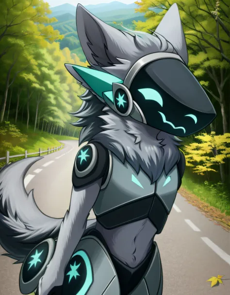 (highly detailed illustration:1.2), best quality, masterpiece, solo, natural lighting, protogen, (protogen face:1.1), (protogen visor:1.1), tail, torso, yellow eyes, glossy fur, glossy hair, gray fur, standing, gravel road, winding road, windy, windy leave...