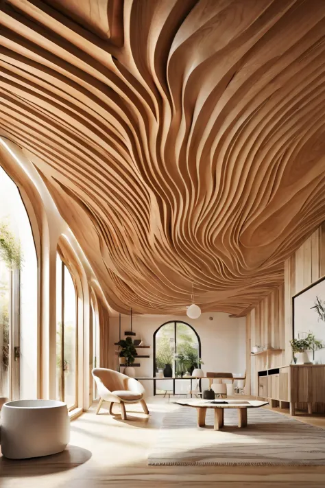 Large hall with wooden wavy ceiling(photographrealistic:1.2)Chaos of driftwood