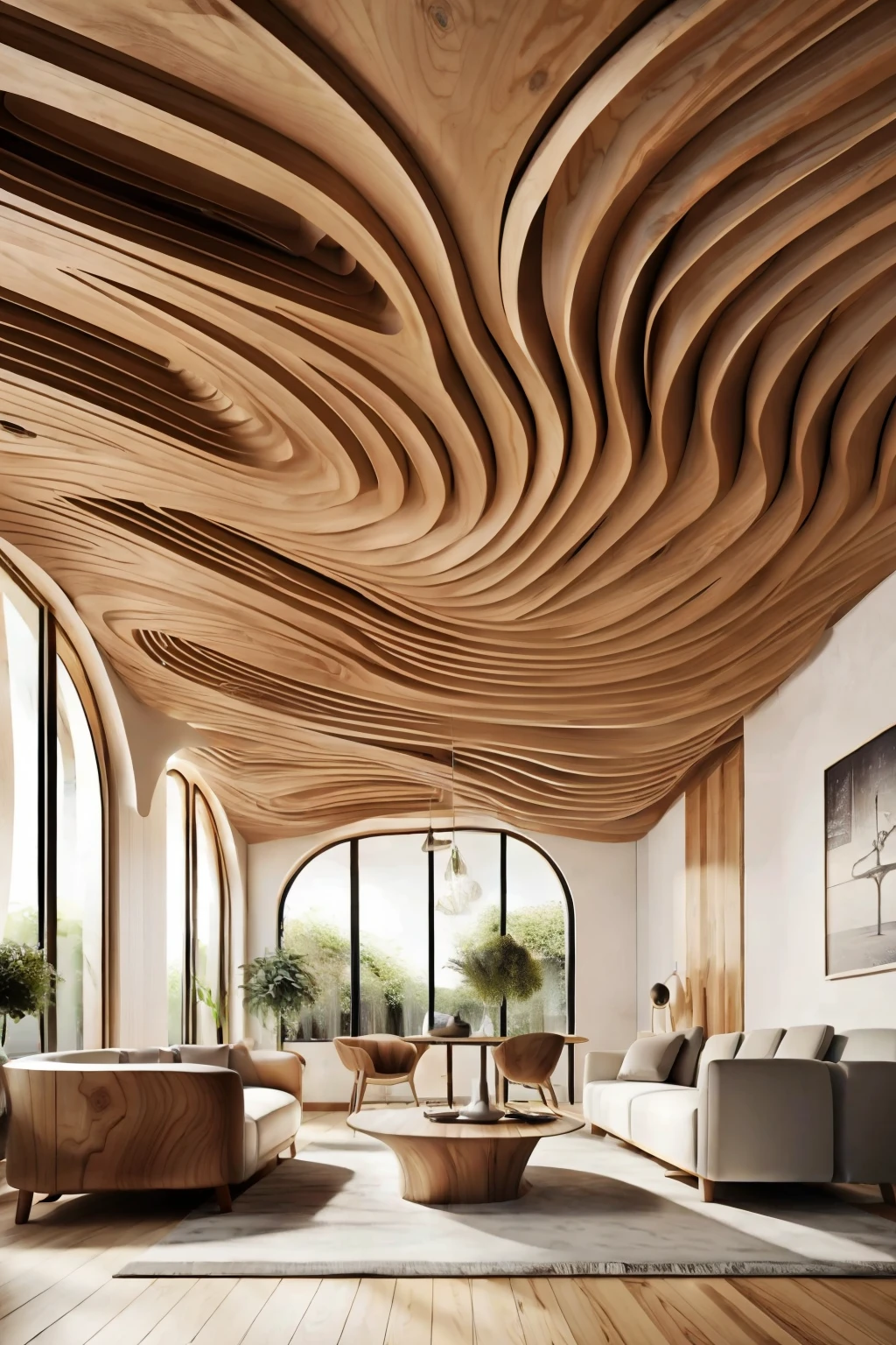Grand hall avec plafond ondulé en bois(photographiqueréaliste:1.2)Chaos de bois flotté
