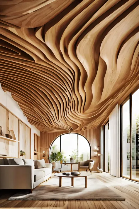 Large hall with wooden wavy ceiling(photographrealistic:1.2)Chaos of driftwood