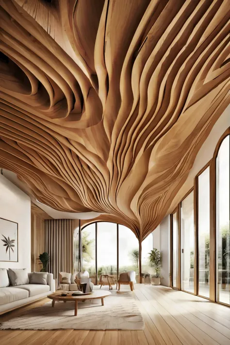 Large hall with wooden wavy ceiling(photographrealistic:1.2)Chaos of driftwood