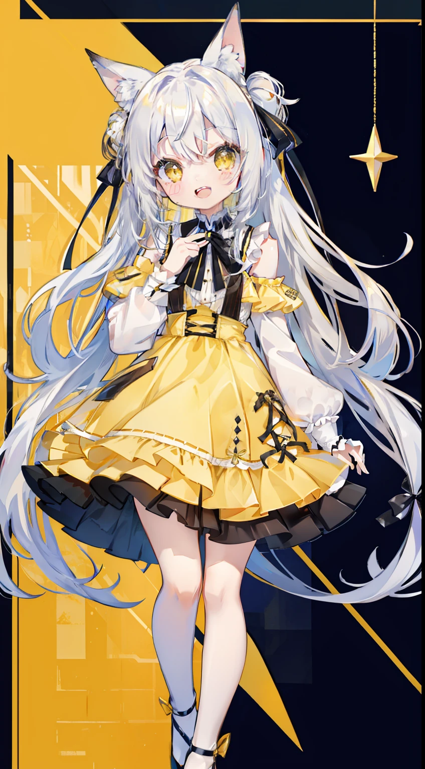 Standing Picture、full bodyesbian、cute little、​masterpiece、top-quality、Top image quality、white  hair、black ribbon on the head、Twin-tailed、yellow  eyes、Shoulder Length Clothing、a smile、laugh、double tooth、