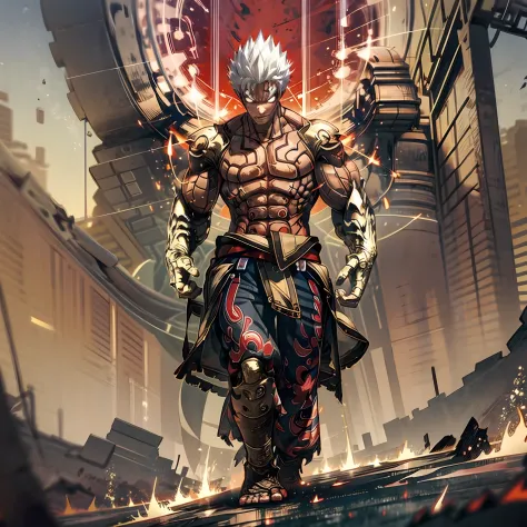 (full body, 1boy, solo), anime, asura, white hair, short spiky hair, red aura, destroyed ground, red outlines on the body, perfe...