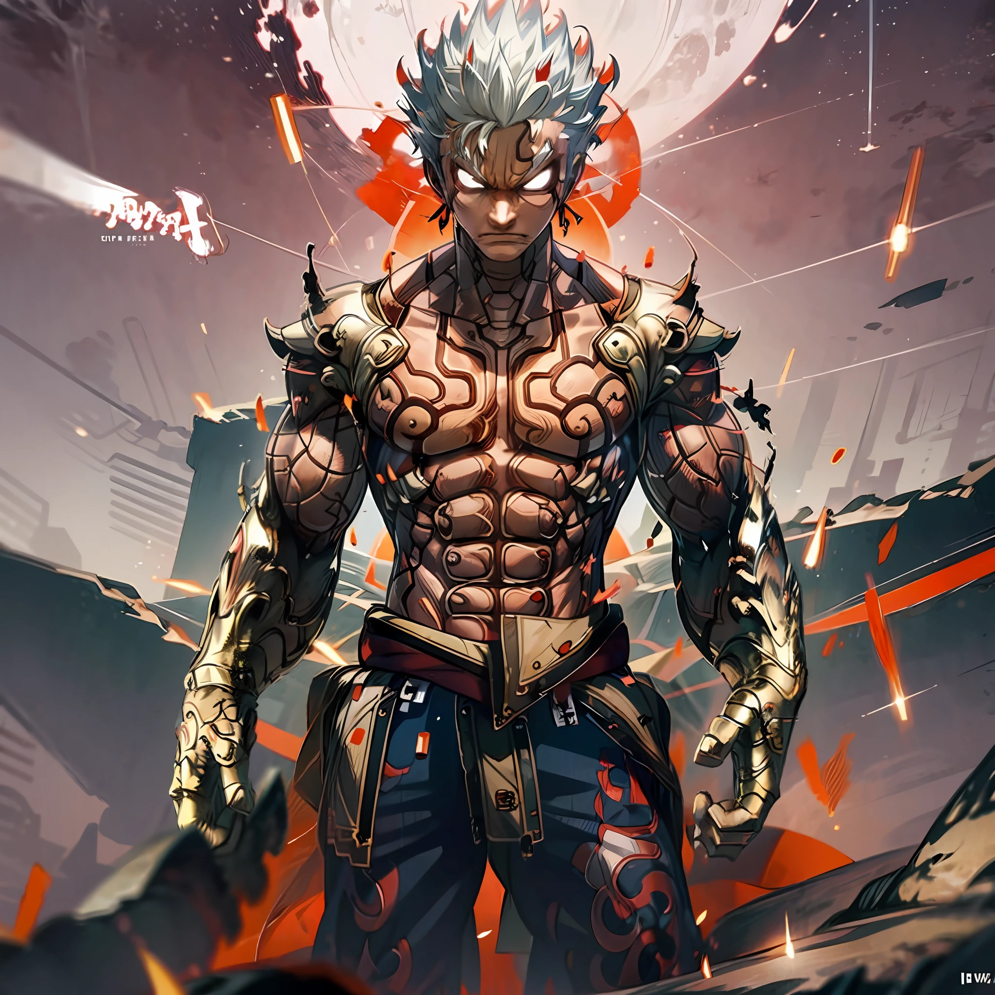 (Full Body, 1boy, solo), Anime, Asura, white hair, short spiky hair, red Aura, destroyed ground, red outlines on the body, perfect hands, close up shot, muscular athletic body, serious face, mantra, highest quality digital art, Stunning art, wallpaper 4k, 8k, 64k, HD, unparalleled masterpiece, dynamic lighting, cinematic, epic