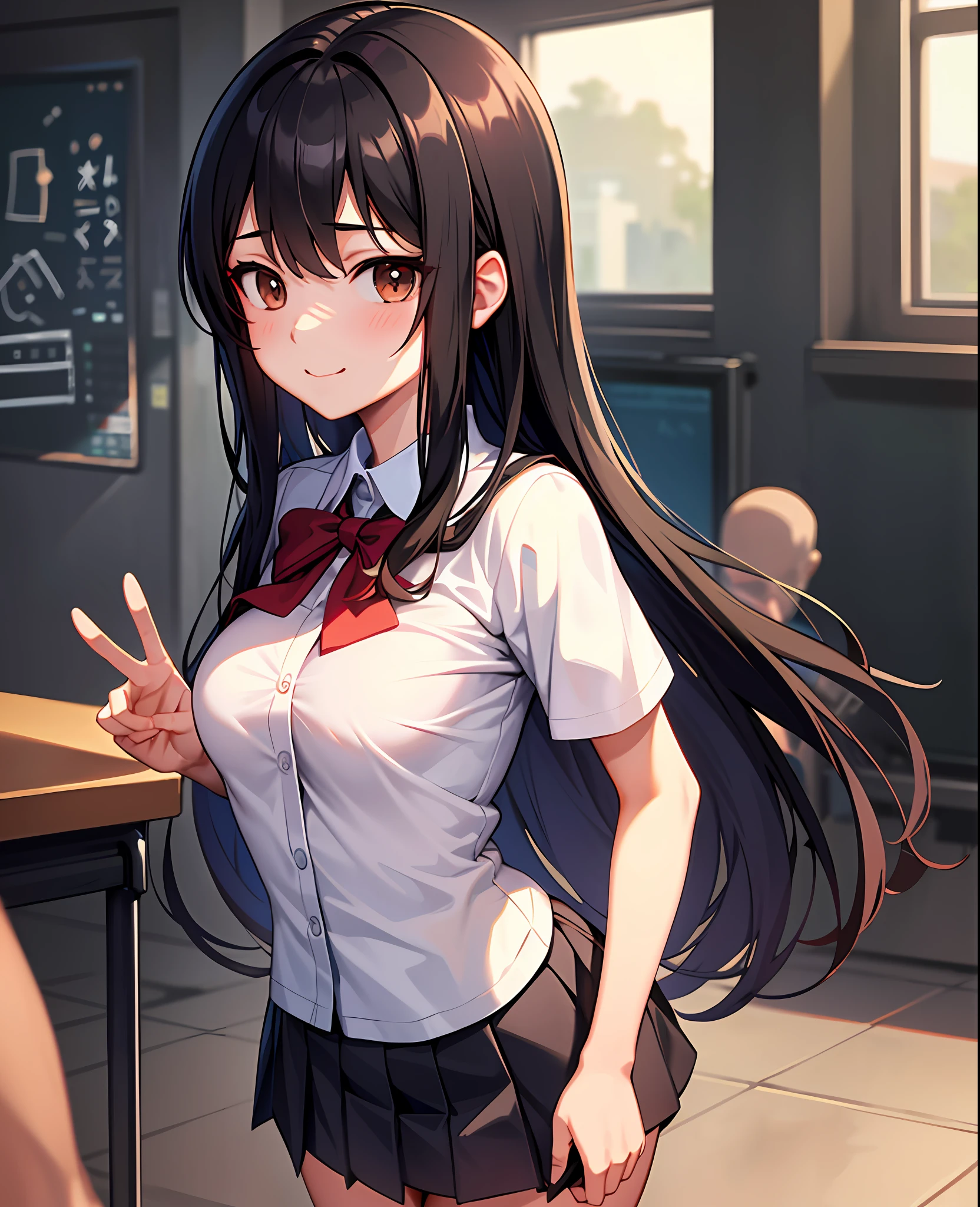 Anime girl with long black hair and a white shirt and skirt - SeaArt AI