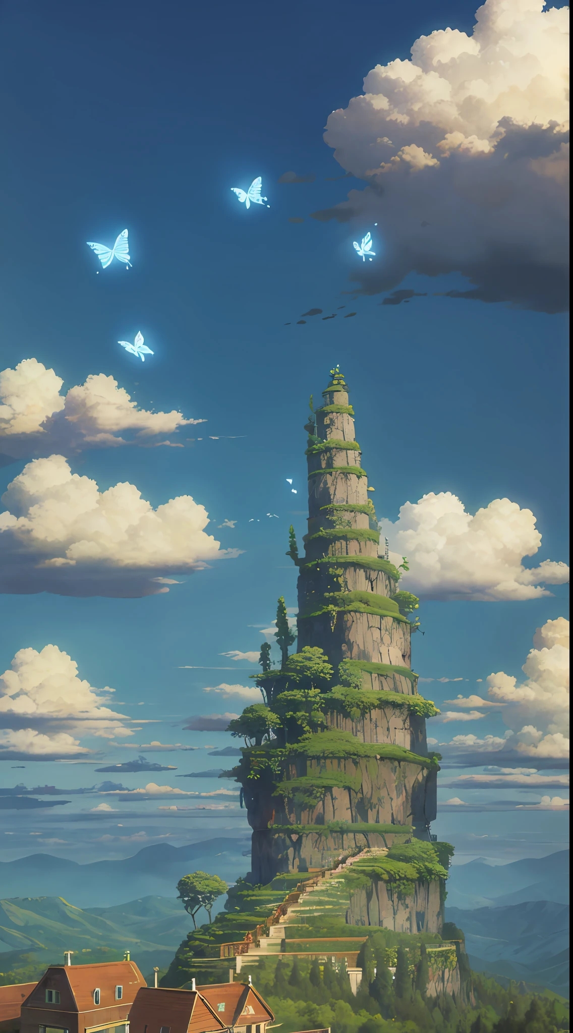 ((沒有人類)), 風景, 一隻蝴蝶, 天空, 雲, ghibli 風景, 傑作, 最好的品質, 超細節