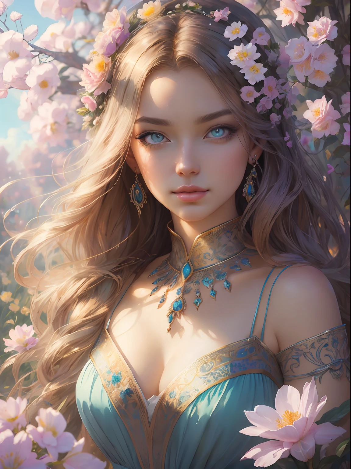 This artwork is dreamy and in the style of mythic fantasy, with soft watercolor hues in varying shades of pink, blue, and purple. Generate an ornate figure from greek mythology. Her strong, proud face has realistically shaded eyes and puffy lips and a big mouth. Her soft, realistic hair is dancing in the breeze along with the flowers and detailed butterflies that surround her. Include highly detailed fantasy touches including a beautiful watercolor sky. Include 8k eyes, hires eyes, beautiful detail eyes, beautiful detaield eyes, and realistic eyes. Include fantasy details, enhanced details, iridescence, colorful glittering wind. Pay special attention to her face and make sure it is beautifully and realistically detailed. 8k, intricate, elegant, highly detailed, majestic, digital photography, art by artgerm and ruan jia and greg rutkowski, (masterpiece, finely detailed beautiful eyes: 1.2), hdr, realistic skin texture, rays of light, ornate flowers, dew drops, sunlight, hazy rays of sun, flowergateway style, castle, palace, archway, flowers, growing