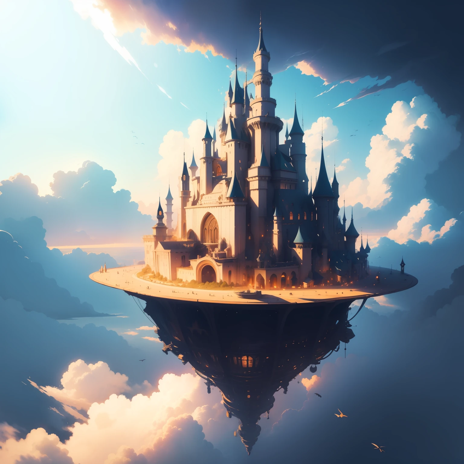 illustration，tmasterpiece，A city floating in the air，There are white clouds all around；