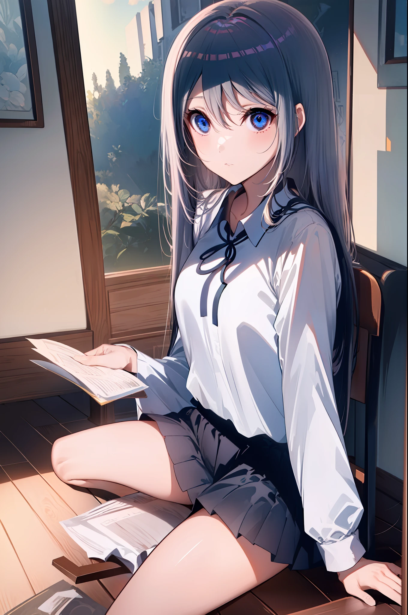 (((((Masterpiece artwork))))), (((((best qualityer))))), High, ((((1 Yes)))), ((((((Ultra-detailed blue hands and eyes)))))), ((((1girl)))), ((handsome)), ((((((((((long black women&#39;s socks)))))))))), ((((((((((She's sitting on a wooden chair inside a room.)))))))))), ((((((((((Feminine and captivating smile)))))))))), (((((Charismatic))))), (((long hair))), ((((alone)))), ((((((Uma garota com gray hair longo e olhos azuis)))))), (((cinta))), (((bangss))), (((clavicle))), ((((gray hair)))), (((black hairband))), (((neck ribbon))), (((hair between the eyes))), ((((middlebreasts)))),((((There is only one person)))), ((((15 year old teenager)))), (((female  white shirt black jacket open jacket long black pants))), ((((((anatomically correct full body)))))), ((((((((((pernas femininas normais cruzadas com long black women&#39;s socks)))))))))), ((wear black shoes)), ((She has a scared and confused face)), ((Detailed full scenario)), ((mystery)), ((tense time)), poised posture, blush sutil | | | |, BREAK golden hour crystal pendant, (Rim lighting): 1.2, warm hues, sunflare, softshadows, swirly vibrant colors, painterly effect, dreamy atmosphere BREAK scenic lake, willow tree, reflection, sunlit clouds, Tranquil setting, idyllic sunset, ultra detaild, offcial art, Unity 8k papel de parede, zentangle, mandala