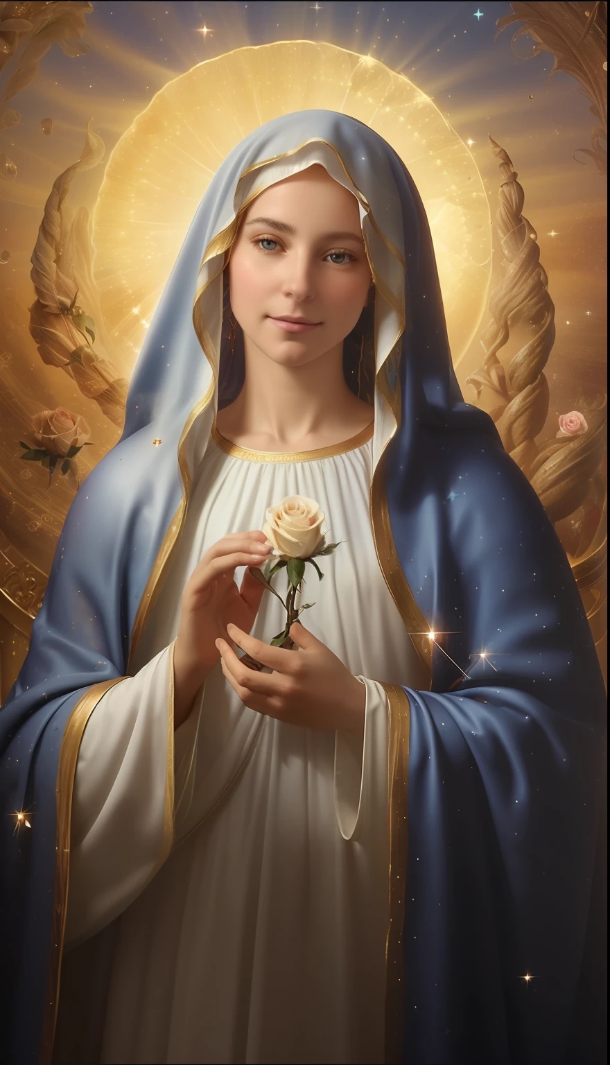 (((Holy VIRGIN MARY MYSTICAL ROSE))) Obra maestra, (La mejor calidad: 1.2), (super fine: 1.2), illustration, (extremadamente delicado y hermoso: 1.2), movie angle, flotante, (Hermoso ojo de detalle: 1.1), (detalle luz: 1.1), Movie Lights, Cielo delicado, ojos azules, (Cola de caballo alta: 1.1), capa, ojuelos, (luna: 1. 2), (Luz de la luna: 1.1), cielo estrellado, (light particles: 1.1) dibujo, flor. (Obra maestra), (La mejor calidad), (fotorrealista:1.3), 8k, Textura detallada de la piel, Textura detallada de la tela, Hermosa cara detallada, Detalles intrincados, Ultra detallado (cuerpo de cuerpo entero:1.2)