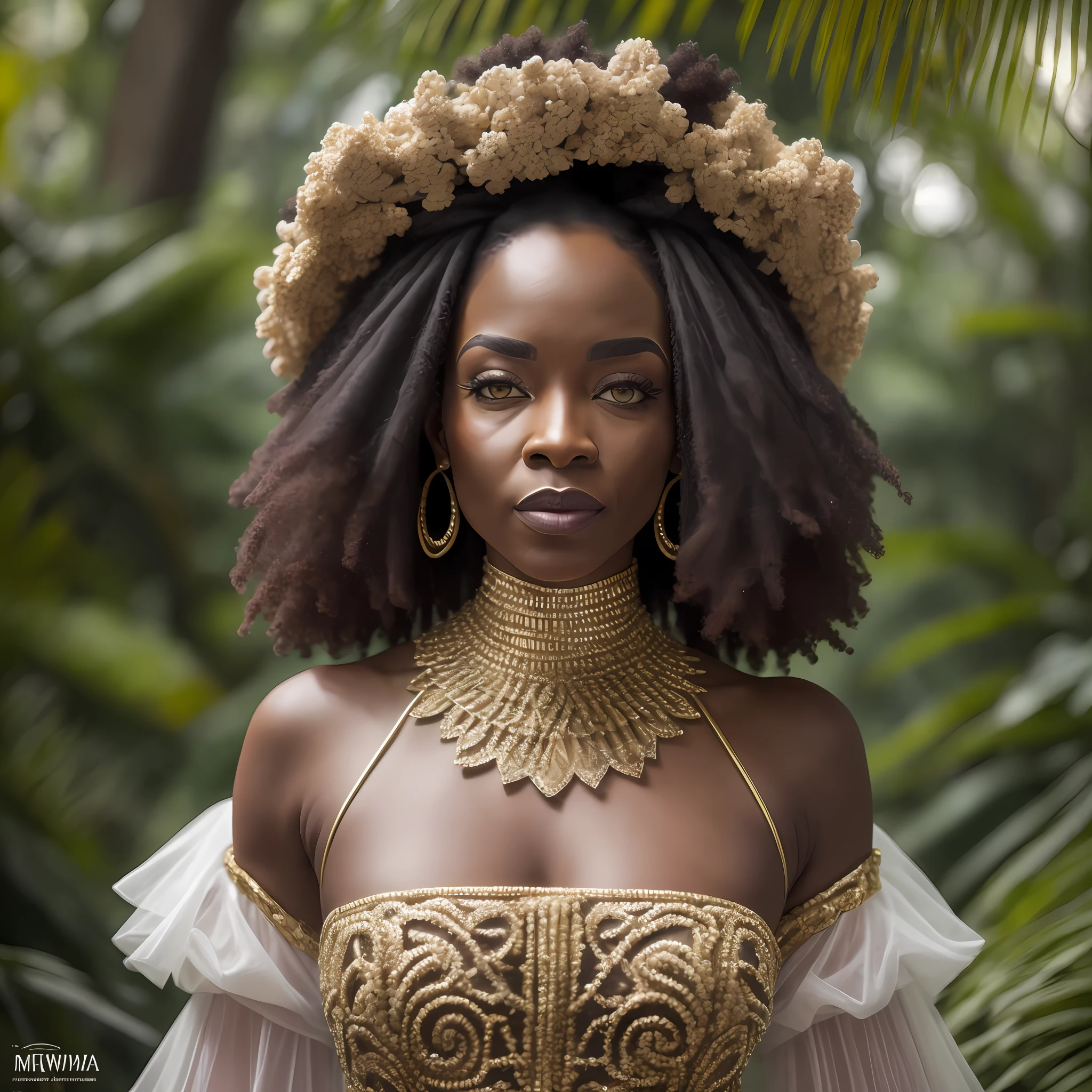 (8K, RAW Photos, highest quallity, Masterpiece artwork: 1.2). (realisitic, photorrealistic: 1,37). Afrofuturistic mid age QUEEN wearing a dress made of strawn, strawn, jungle