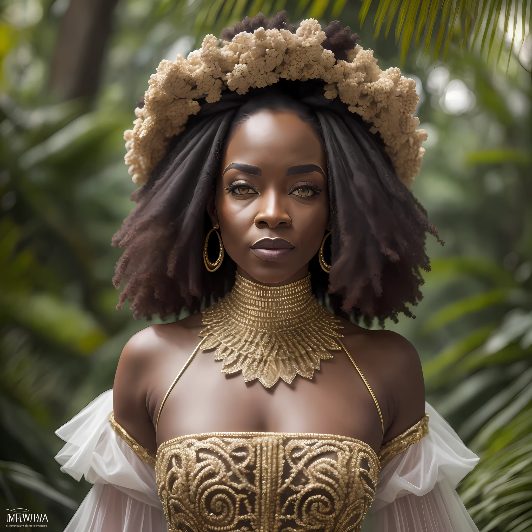 (8ก, ภาพถ่าย RAW, คุณภาพสูงสุด, งานแรก: 1.2). (สัจนิยม, เหมือนจริง: 1,37). Afrofuturistic mid age QUEEN wearing a dress made of ฟางข้าว, ฟางข้าว, ป่า