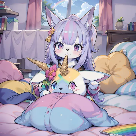 a young  wolf with rainbow fur, cartoon, holding a unicorn plush, in a unicorn decorated room,