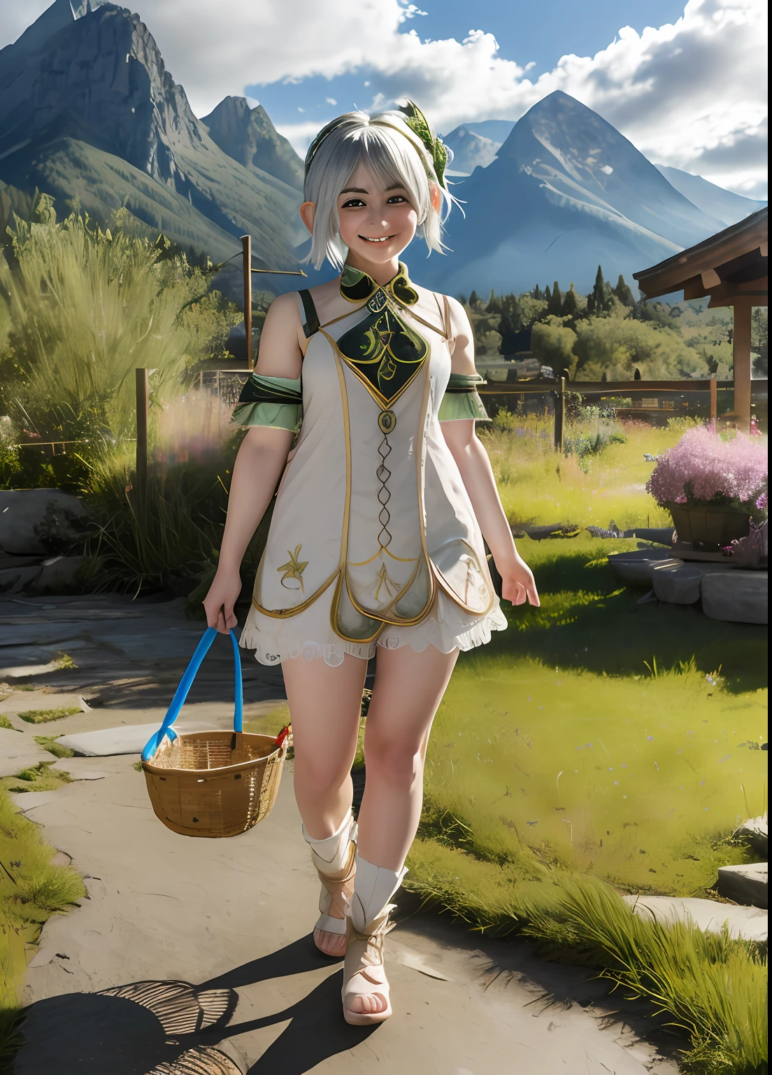 Masterpiece, hd, realistic, 80mm, nahidarnd, nahidadef, full body, standing, smile, blush, outdoors, day, simple background, arm up, basket, blue sky, short hair, sky, temple, looking at viewer, mountain, moody lighting, cosplayer