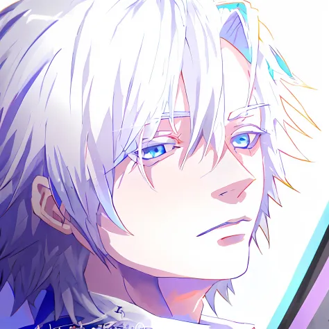 Anime boy with white hair and blue eyes staring at the camera, hajime yatate, kaworu nagisa, white haired Cangcang, , male anime...