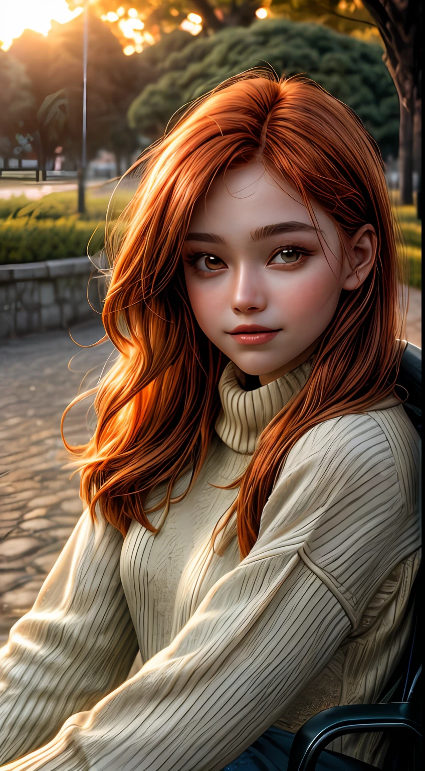 Крупный план лица девушки, залитого оранжевыми оттенками., носить свитер, сидя возле парка, словно освещен мягким сиянием заката, ее глаза сверкают радостью и удовлетворением, в обрамлении прядей струящихся каштановых волос, фотография, снято объективом 35 мм