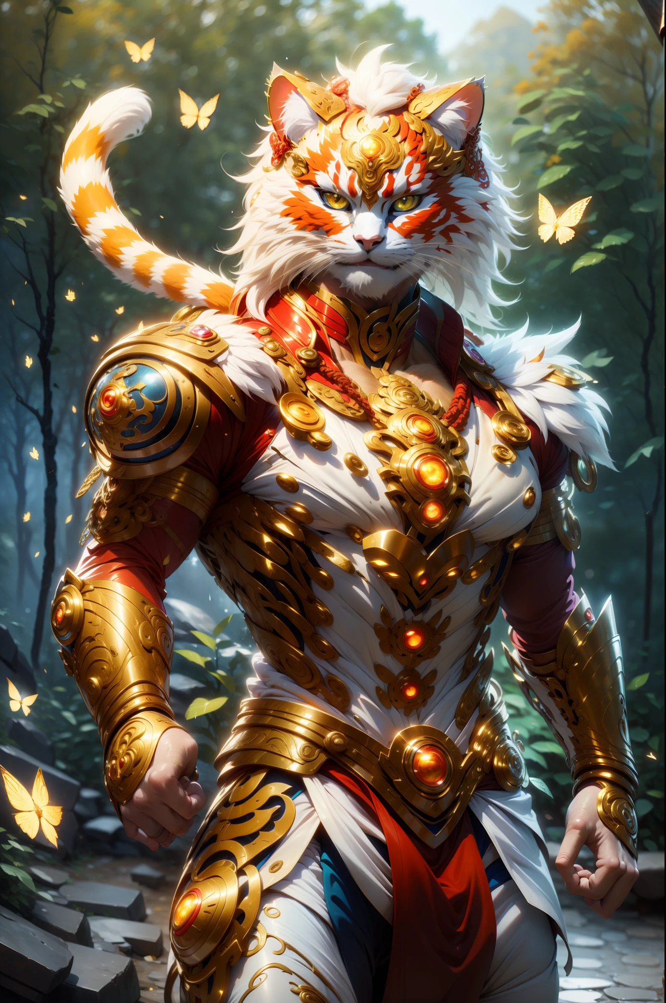 Nebur Belmont,Masterpiece, (Ultra Detailed), (Animal Anthropomorphism), pirate and steampunk Theme, Cat, Handsome, en pose de lucha,, atletic body, Cabello Blanco , ojos dorados, Como Ken Masters , en bosque majestuoso con cascadas , lluvioso , Mariposas ((Bokeh ligero)), intrincado, (acero metal [reposo]), elegante, foco nítido, , Soft lighting, colores vibrantes, (Obra maestra), ((bosque)), (Cara detallada), vendimia, dynamic，, cuerpo completo, small smile, Cabello largo, Cara voluble, Perfect anatomy,Cara ruda, Impeccable art line, acuarela, colored pencils, alta calidad, detalle,