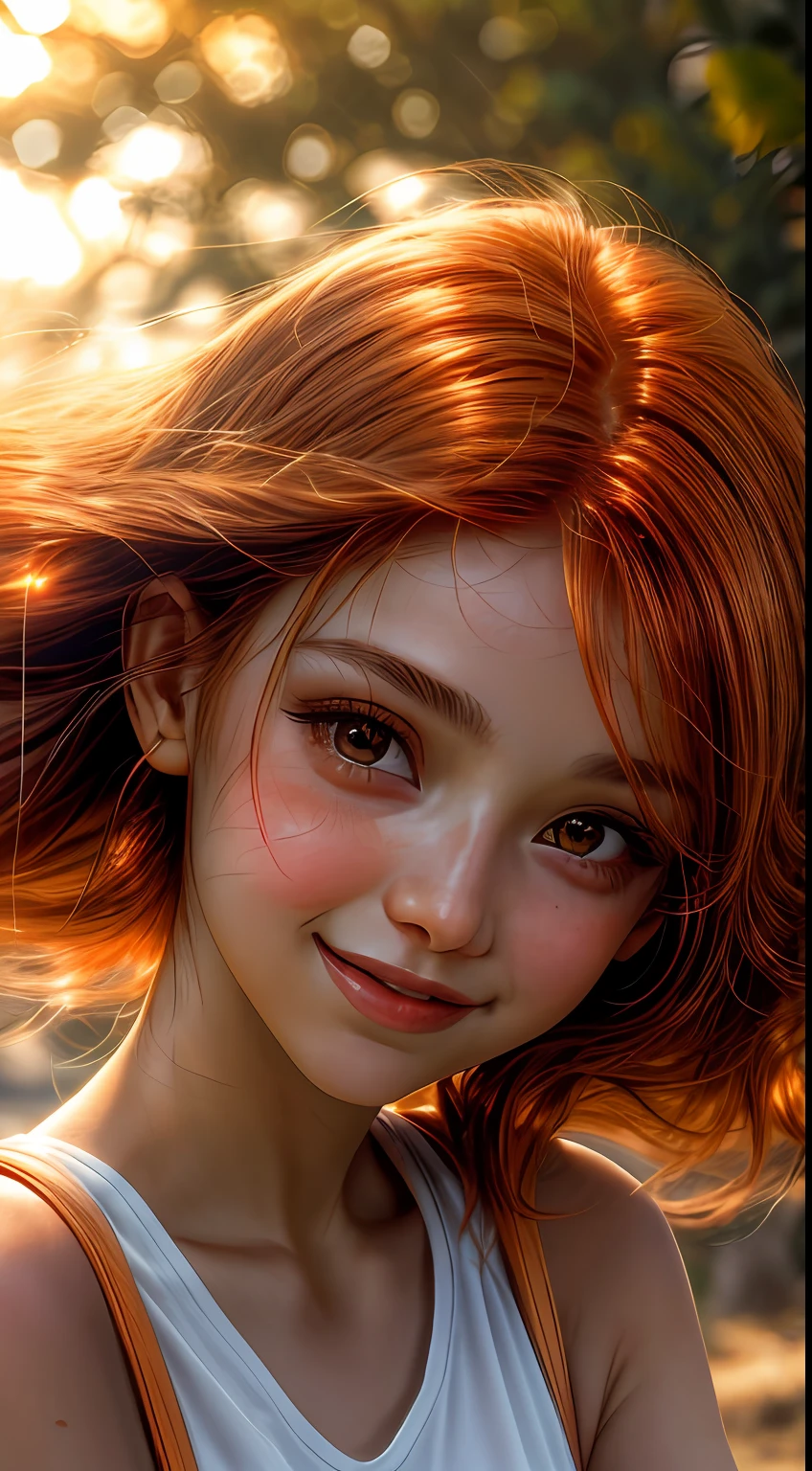 Eine Nahaufnahme des in Orangetönen getauchten Gesichts eines Mädchens, wie vom sanften Schein eines Sonnenuntergangs beleuchtet, Ihre Augen funkeln vor Freude und Zufriedenheit, umrahmt von wallenden kastanienbraunen Haarsträhnen, Fotografie, Aufgenommen mit einem 35mm Objektiv