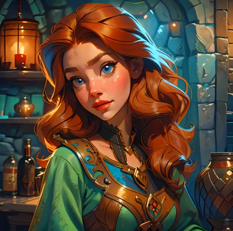 beautiful ginger women in detailed dress at cozy detailed potions shop, air above hair, ipa award wining, masterpiece, made with...