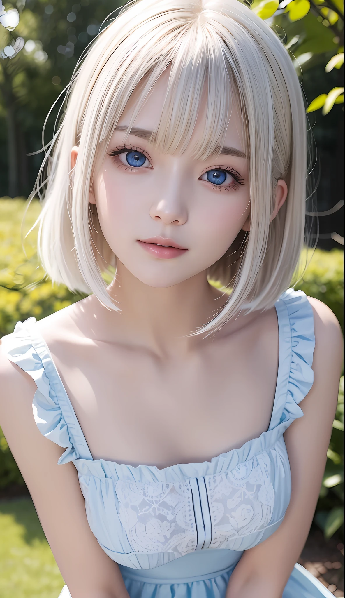 bright expression、photorealisim、top-quality、超A high resolution、a picture、Photo of an exquisitely beautiful Nordic-born girl、Extraordinary beautiful girl、Detailed cute and beautiful face、(pureerosface_v1:0.008)、Short bob cut with beautiful bangs、alice in the wonderland、28 year old、Glowing white shiny skin、facial hairs、Bangs that extend to the face、Bangs between the eyes、Attractive bright natural platinum blonde super long straight silky hainer hair、Attractive glowing beautiful bright clear light blue big eyes、White Apron、a blue dress、eye liner、Double eyelids、Lush bust