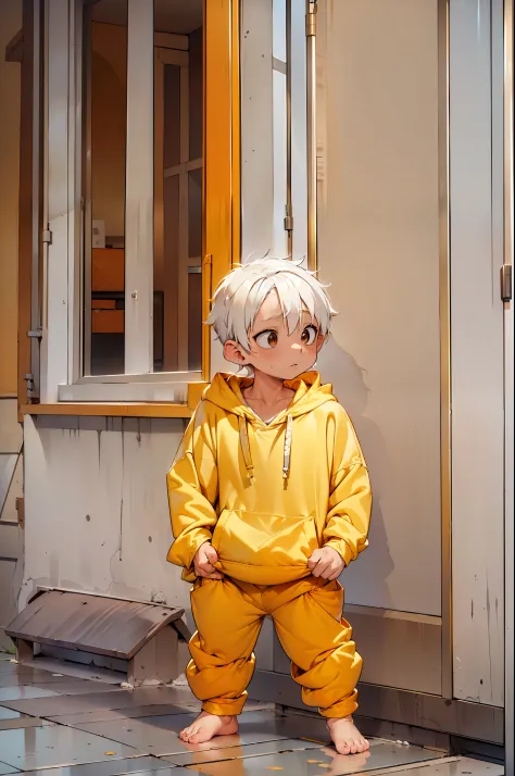 1 little boy with white colored hair and shiny, glowing orange eyes and barefoot and small feet, who wear a yellow oversized hoo...