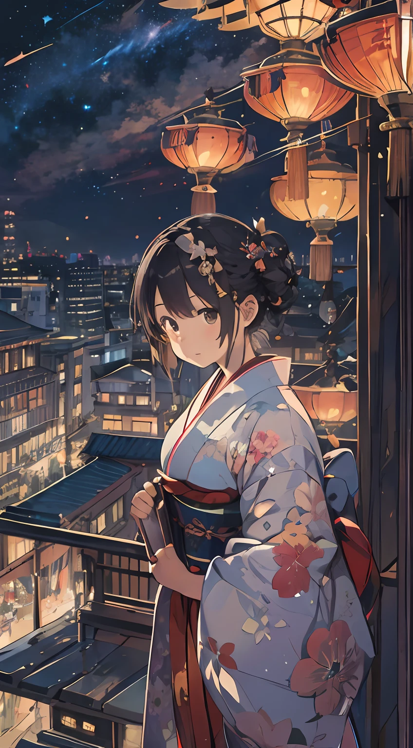 (top-quality:1.2)、(​masterpiece:1.1)、(Super detailed illustration:1.2)、From  above、
1 girl in, solo, is standing, print kimono, A darK-haired, Braiding, (East Asian Architecture:0.35), sparklers, (paper lanterns:0.55), nigh sky, urban backdrop, mont, nigh sky, Happy, stars, Soft shadows, Warm lighting, Reflectors, hair adornments, Distinct shades