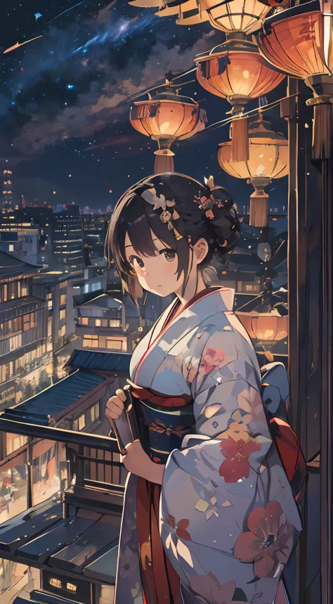 (top-quality:1.2)、(​masterpiece:1.1)、(Super detailed illustration:1.2)、From  above、
1 girl in, 独奏, is standing, print kimono, A dark-haired, Braiding, (East Asian Architecture:0.35), sparklers, (paper lanterns:0.55), nigh sky, urban backdrop, mont, nigh sk...