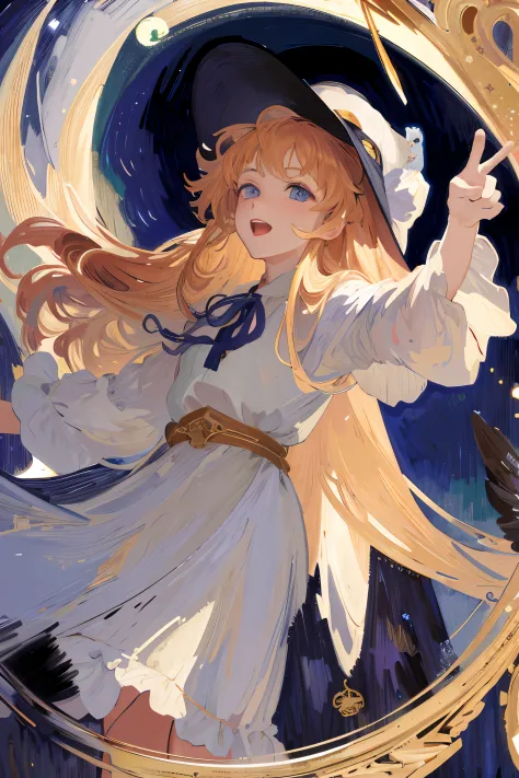 ((masterpiece:1.2, best quality)), 1girl, solo, (witch hat), blonde hair, long hair, dress, aurora, night, star (sky), gloves, s...