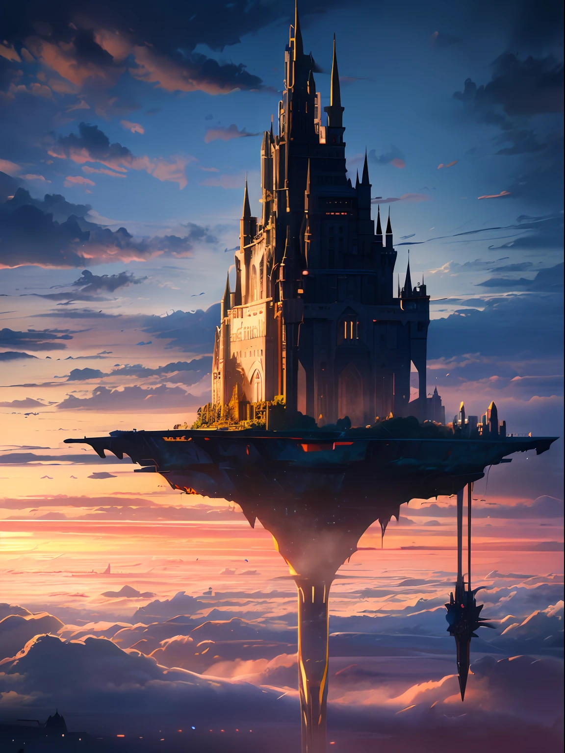 "there's an island floating in the sky among the 雲 with cyberpunk style castle on it, 城堡裡充滿了齒輪和機械零件" 天空之城, 漂浮城堡, 雲, (電影般的, 8K, 傑作, 輝煌背景, 動態照明, 極高的細節, 迷人的風景)