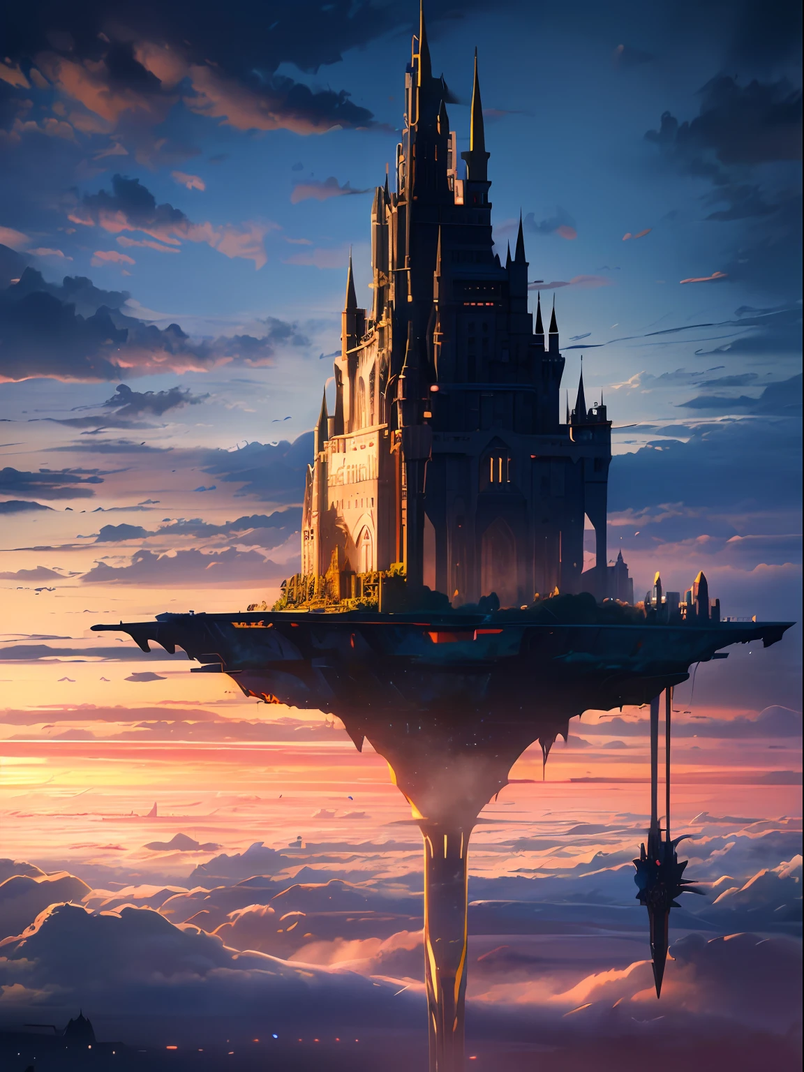 "there's an island floating in the sky among the nube with cyberpunk style castle on it, El castillo está lleno de piezas de equipo y maquinaria" Castillo en el cielo, castillo flotante, nube, (cinematográfico, 8k, Obra maestra, fondo glorioso, iluminación dinámica, detalle extremadamente alto, fascinantes vistas del paisaje)