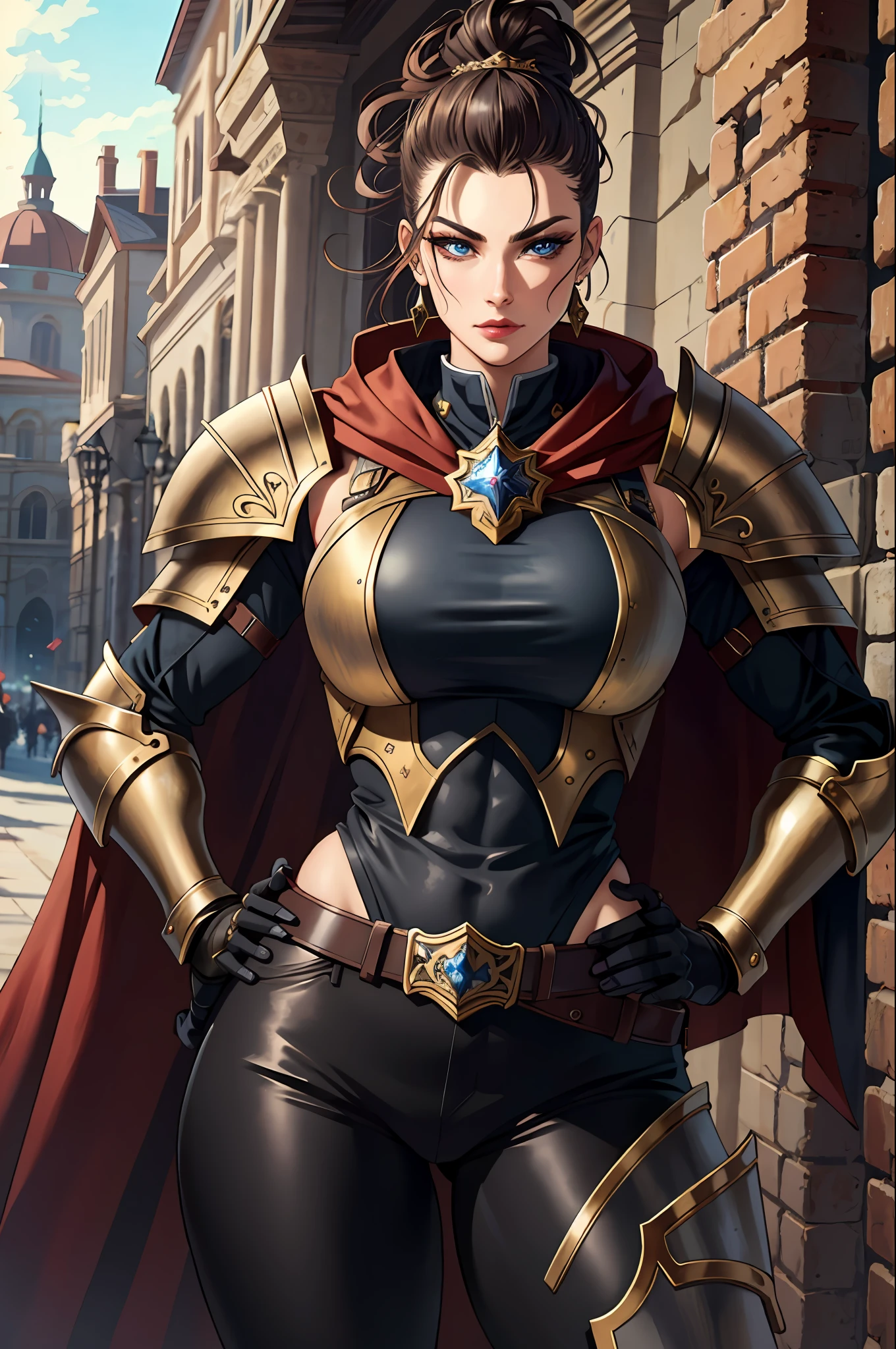 (masterpiece:1.2), (best quality:1.2), perfect eyes, perfect face, volumetric lighting, 1girl, tall mature female warrior, muscular, long hair, pompadour cut, heavy armor, huge pauldrons, gauntlets, cloak, belt, spear, leather pants, stern expression, makeup, lipstick, eyeshadow, mascara, thick eyelashes, dark fantasy, outdoor, detailed background, hand on hip