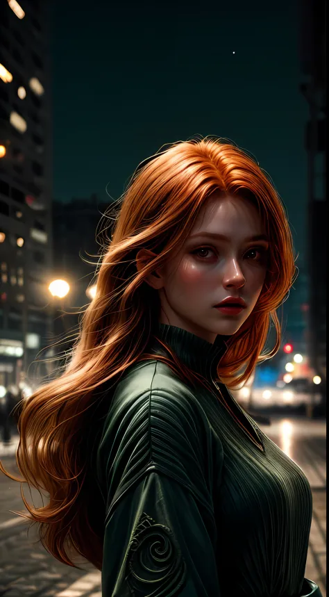 close up of a gorgeous young woman, ginger hair, candid, street photo, chic clothes, wind, busy city, nighttime, moon glow, natu...